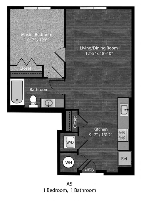 Floor plan for 1 bed, 1 bath, 644 sqft
